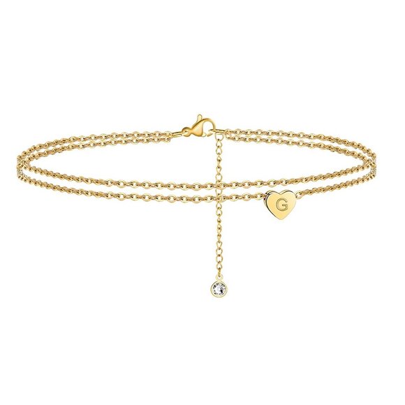 "Ankle Bracelets, Letter- G, 14K Gold Plated Dainty Layered Heart , ELDM22105G - Picture 2 of 8